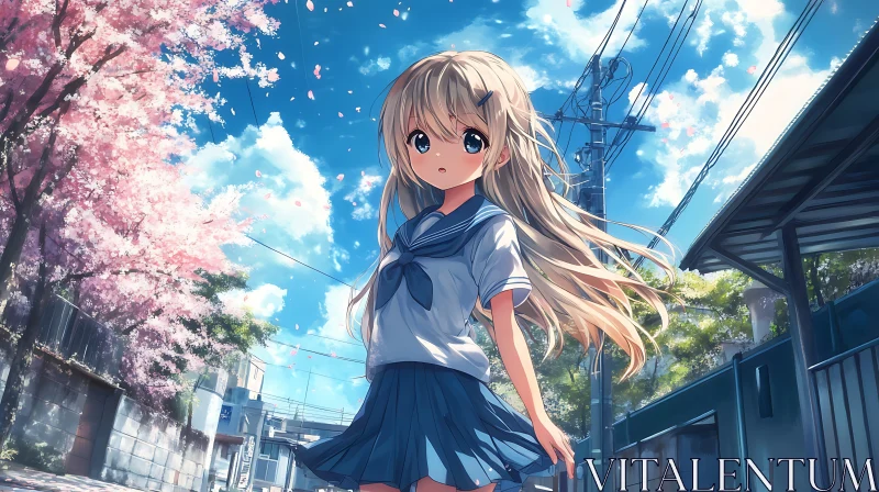 AI ART Serene Anime Schoolgirl Under Cherry Blossoms