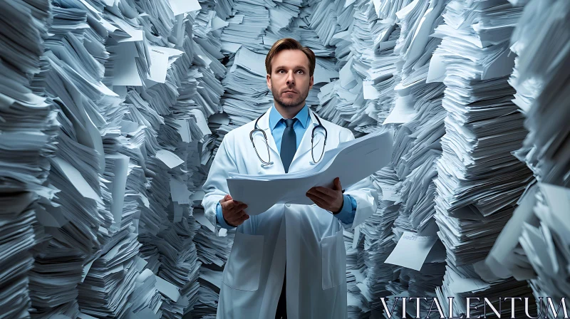 Doctor Buried in Paperwork: Healthcare Overload AI Image