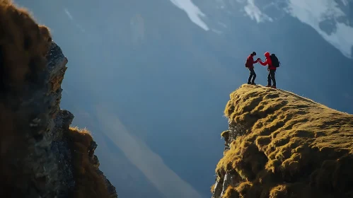 Hikers Connecting on Mountain Summit