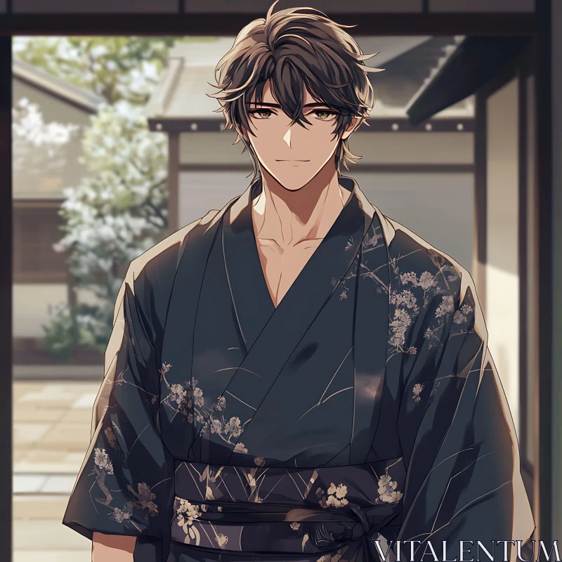 Handsome Anime Character in Japanese Attire AI Image