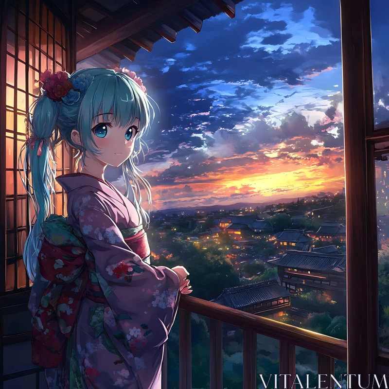 Anime Kimono Girl with Sunset Cityscape AI Image