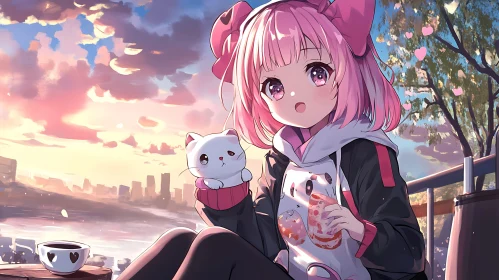 Whimsical Anime Scene with Pink-haired Girl and Cat