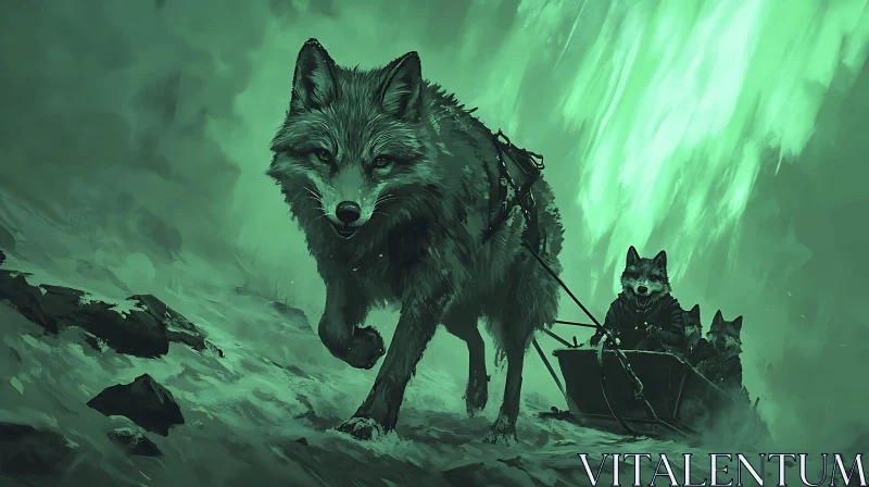 Greenish Winter Wolves Sledding Art AI Image