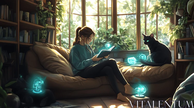 Indoor Scene with Reader and Black Cat AI Image