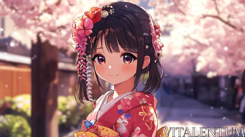 Anime Character in Flower-Adorned Kimono AI Image