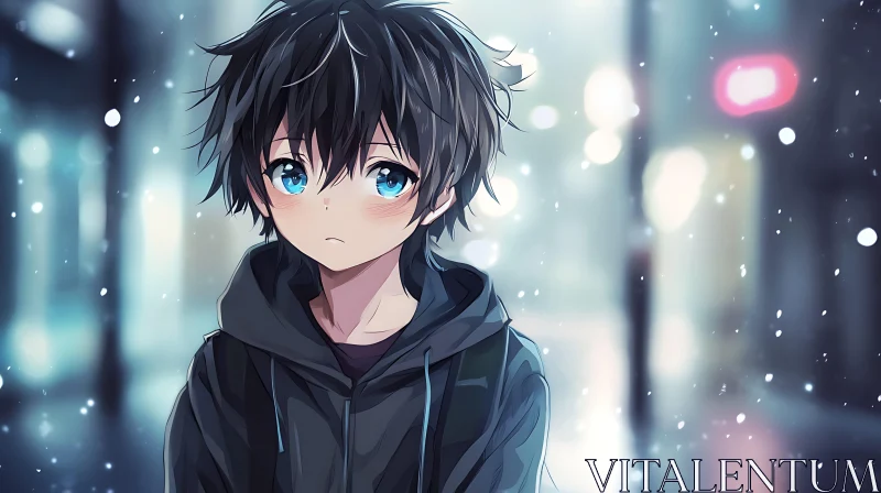 AI ART Reflective Anime Youth in Night Snow