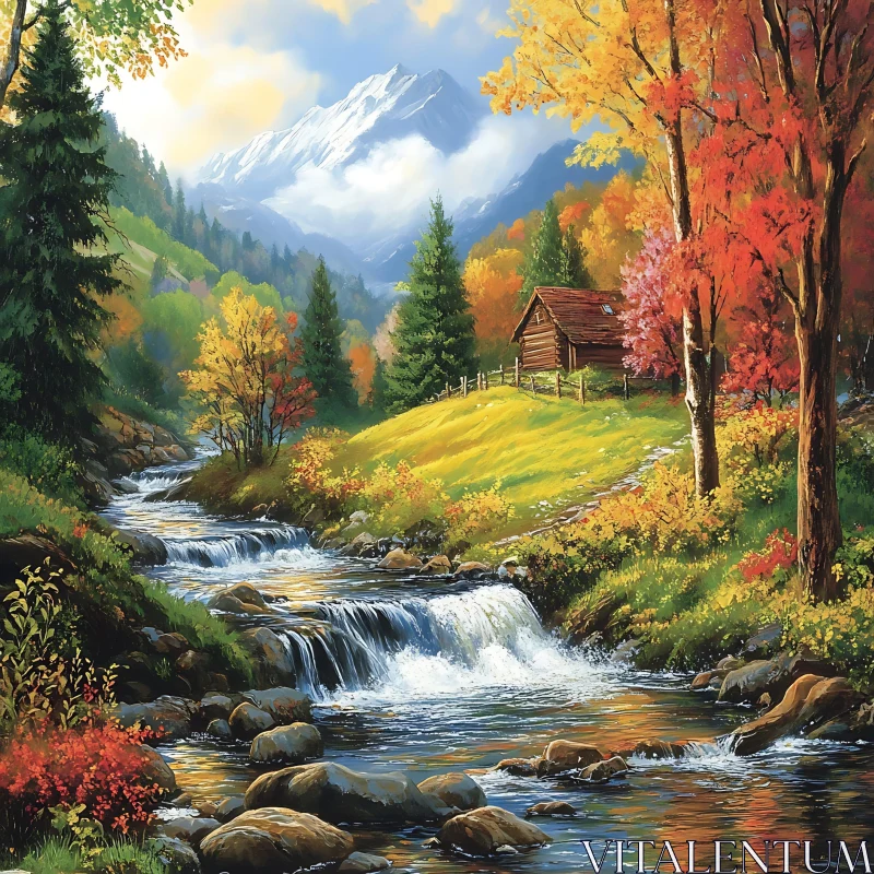 Scenic Autumn River Landscape with Cabin AI Image
