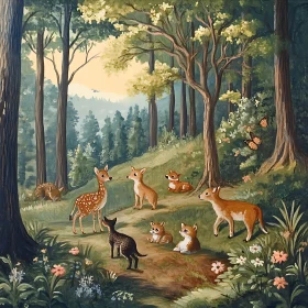 Serene Forest Scene with Deer Families