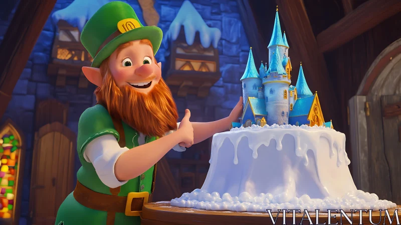 AI ART Whimsical Castle Cake by a Cheerful Leprechaun