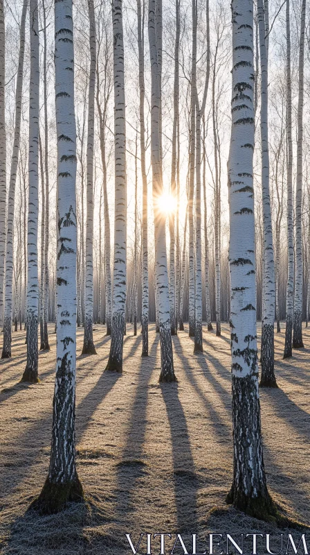 AI ART Winter Birch Trees with Sunlight