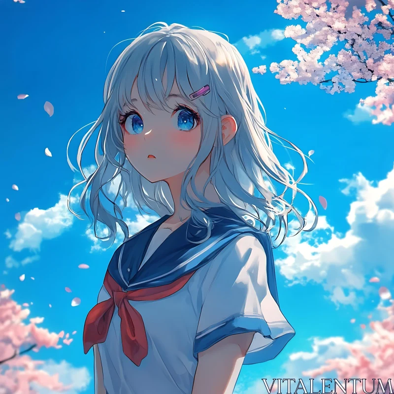 Springtime Anime Girl with Blue Sky and Cherry Blossoms AI Image