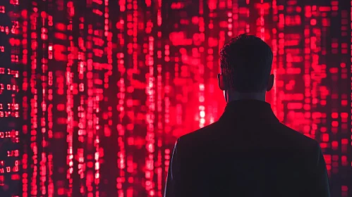 Silhouette Against Red Binary Rain