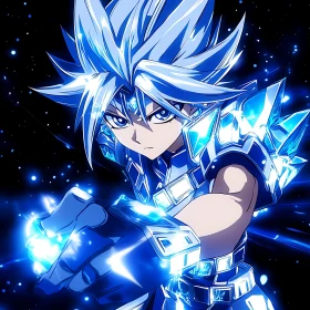 Energetic Anime Hero in Blue Armor