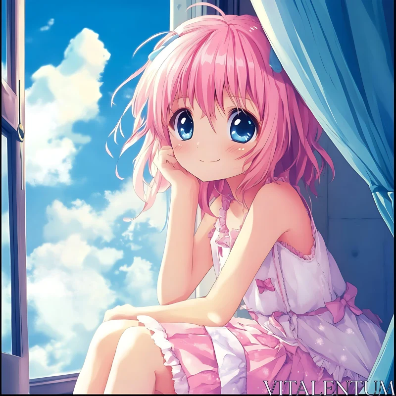 Anime Girl with Pink Hair and Blue Eyes AI Image