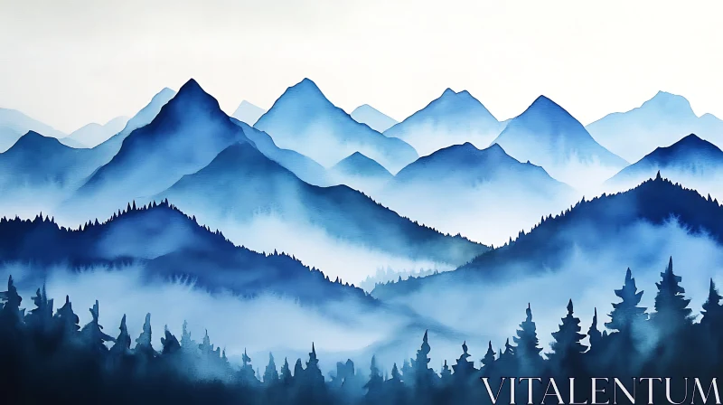 AI ART Tranquil Blue Mountain Watercolor Painting