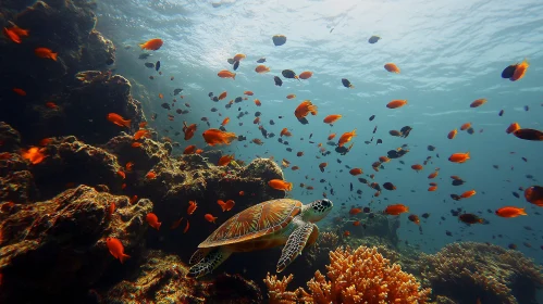 Underwater Scene with Turtle and Fish