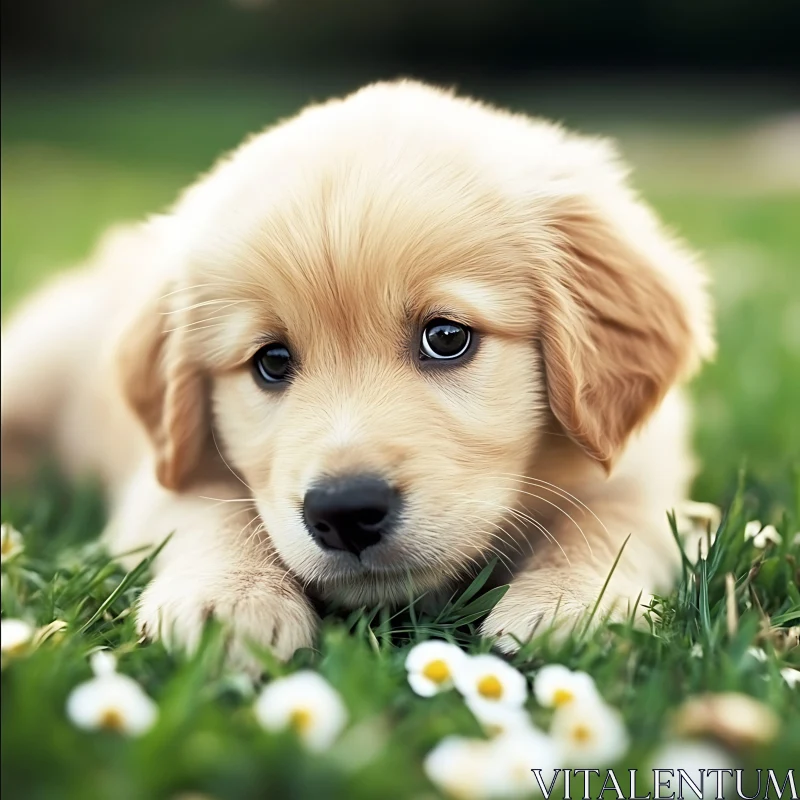 Golden Puppy with Innocent Eyes on Green Grass AI Image