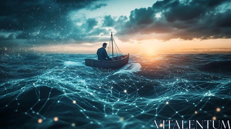 AI ART Man in Boat on Connected Ocean