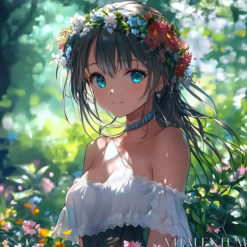 Blue-Eyed Anime Girl in Forest AI Image