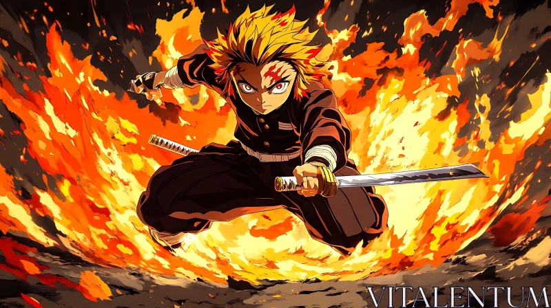 Anime Warrior with Katana in Fiery Scene AI Image