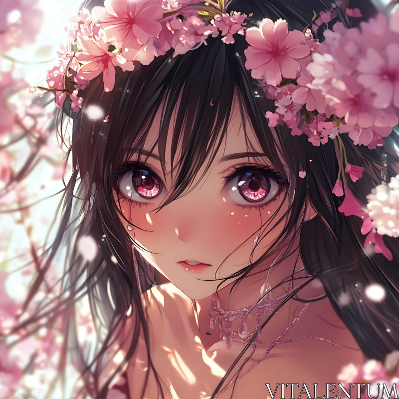 Ethereal Anime Girl with Blossoming Crown AI Image