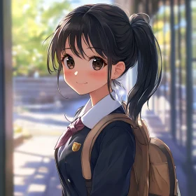 Anime Schoolgirl with Backpack in the Sun