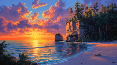 Picturesque Ocean Sunset with Cliffs and Trees