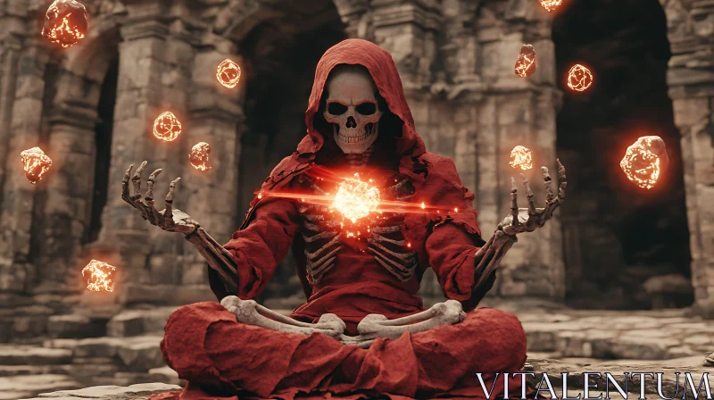 Enigmatic Skeleton Meditating with Orbs AI Image