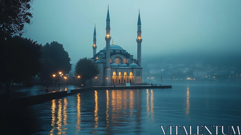 Mystical Night View of Reflective Mosque AI Image