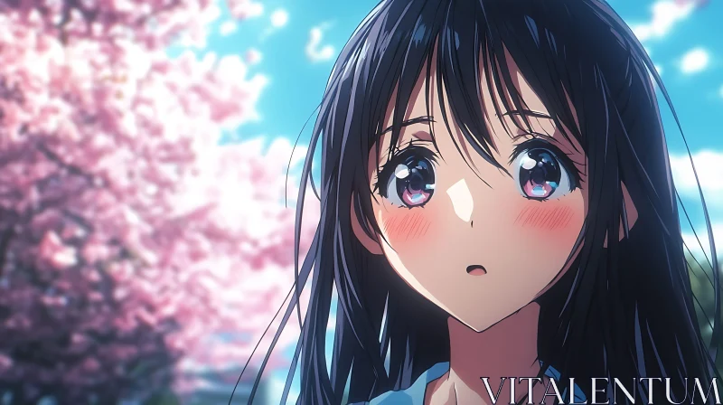 Young Anime Girl with Cherry Blossoms AI Image