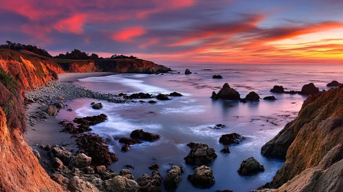 Serene Beach Sunset with Rocky Cliffs