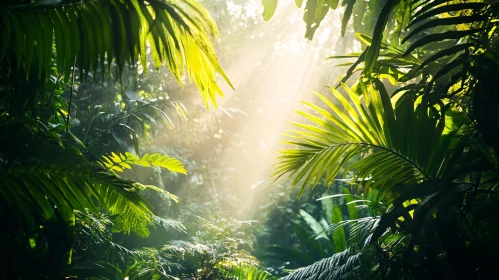 Sunlit Forest Scene with Lush Green Plants