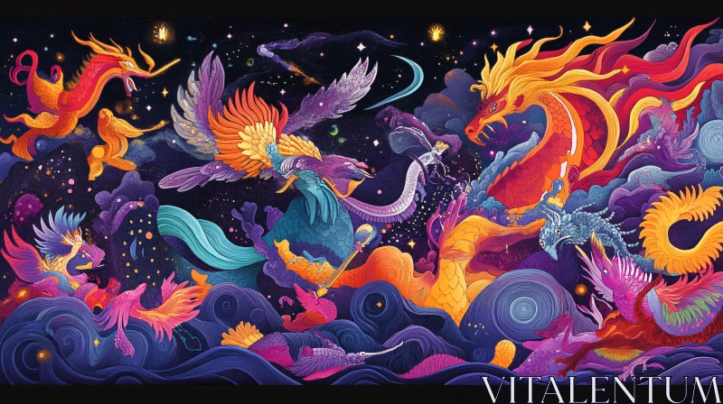 Fantasy Art: Cosmic Dragons and Phoenixes AI Image