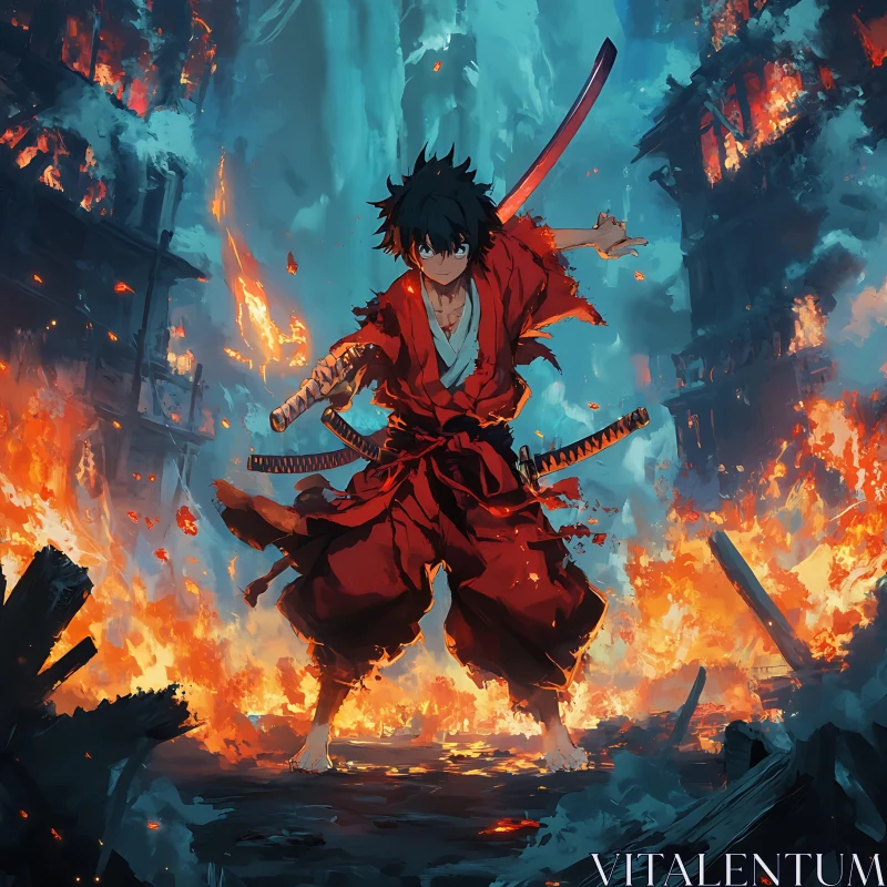 Samurai Warrior in Fiery Battle Scene AI Image