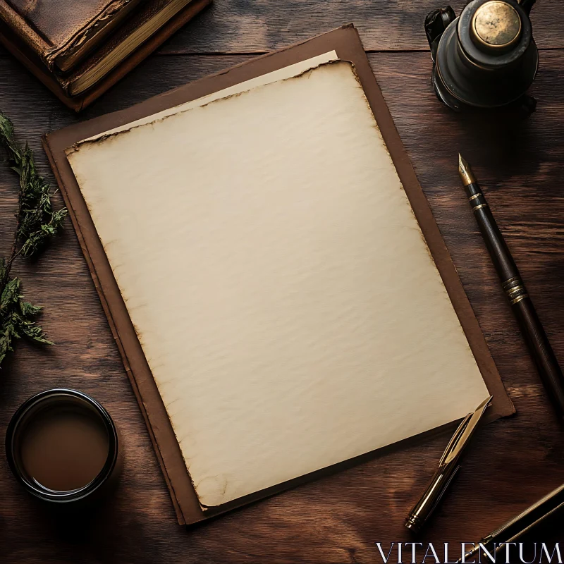 AI ART Vintage Writing Scene on Wooden Desk