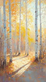 Sunlit Birch Trees in Autumn Forest