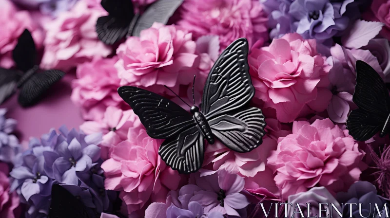 Black Butterfly Amidst Purple Flowers - Surrealist Still Life Composition AI Image