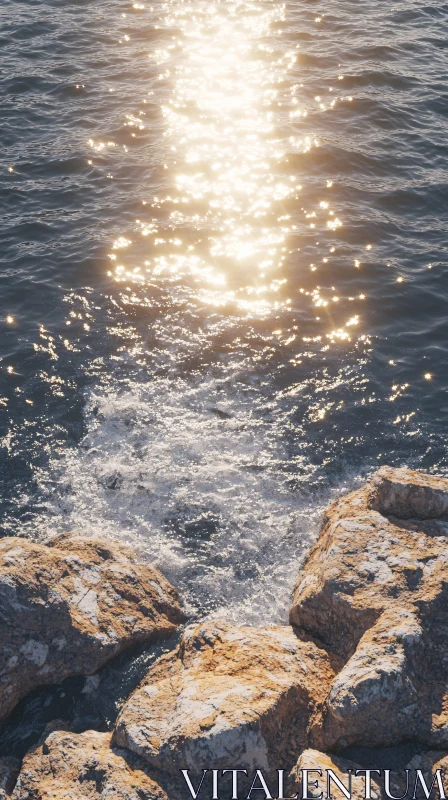 Sunlight Reflections on Ocean Waves and Rocks AI Image