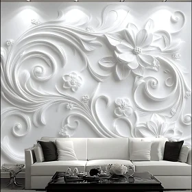 Intricate White Floral Wall Decor in Modern Living Room