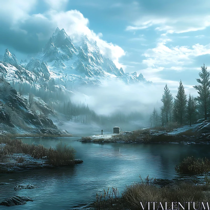 Tranquil Mountain Lake and Snowy Peaks AI Image