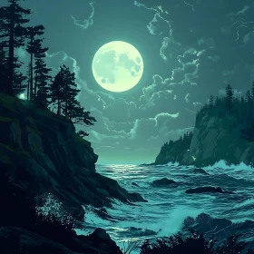 Ocean at Night Under the Moonlight