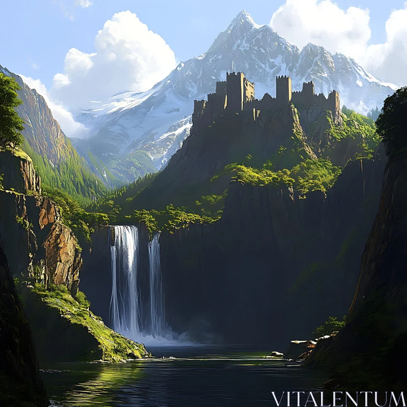 AI ART Scenic Castle Landscape with Waterfall