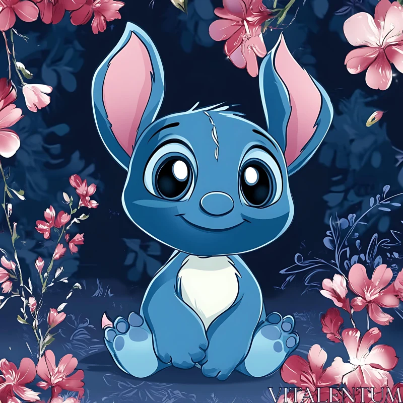 Cute Blue Character Amidst Pink Flowers AI Image