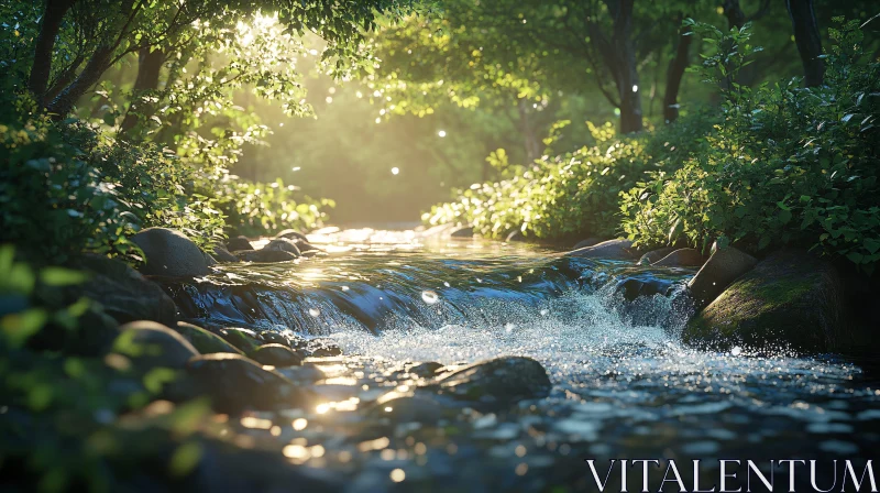 Serene River in a Sunlit Forest AI Image