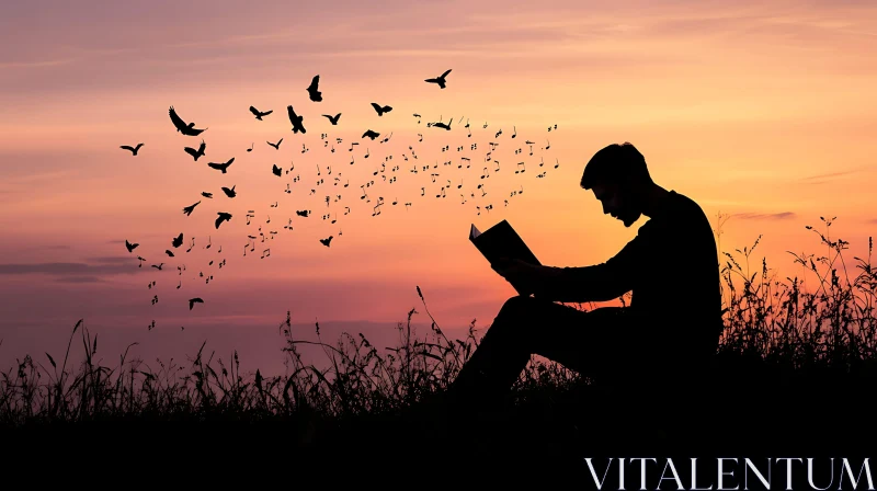 Silhouette Reading at Dusk AI Image