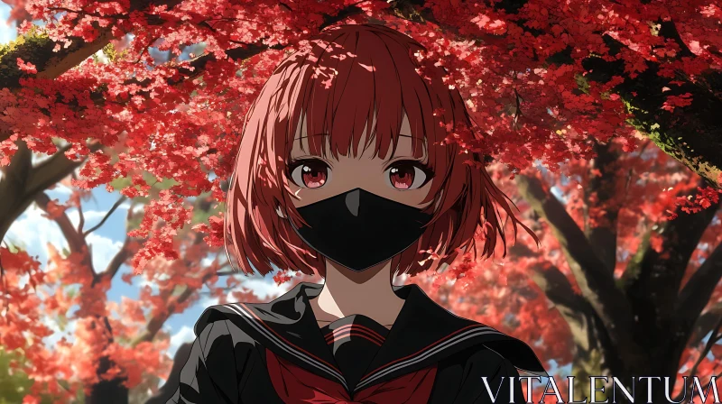 Masked Anime Girl Under Autumn Leaves AI Image