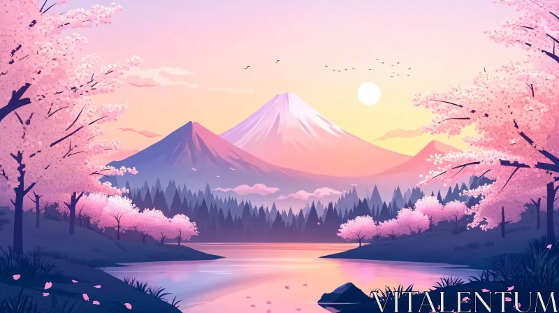 AI ART Serene Mountain Sunset with Blossoms