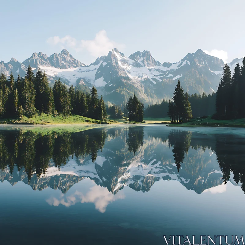 Still Lake Reflecting Mountains and Trees AI Image