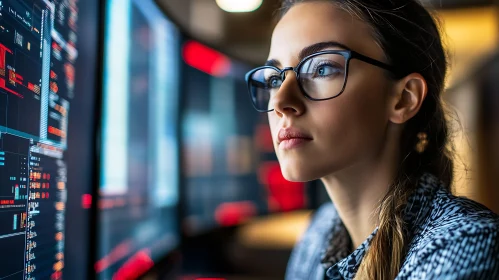 Woman with Glasses Studying Data