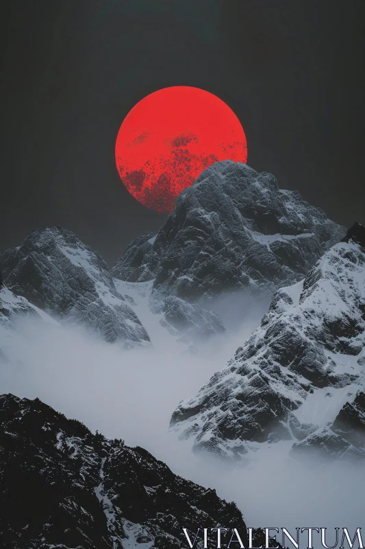 AI ART Snowy Mountains and a Red Moon